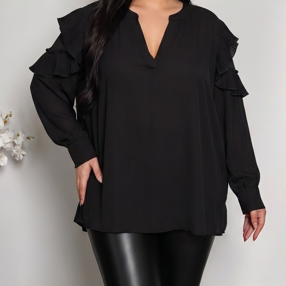 T Tahari NWT Black Split Neck Long Sleeve Ruffle Detail Blouse Top Plus Size 3X
